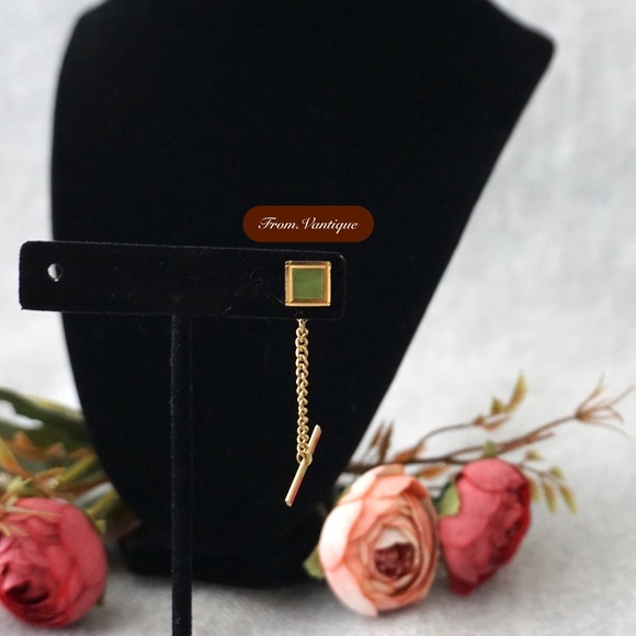 👔 VINTAGE Men Suit Square Green Tile Golden Tie Clip with Chain 🔗 - Picture 2 of 6